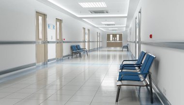 Oda ve koltuk 3d render ile uzun hastane parlak koridor