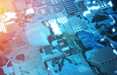 Fütüristik mavi ve turuncu teknoloji paneli arka plan ile lots-in de