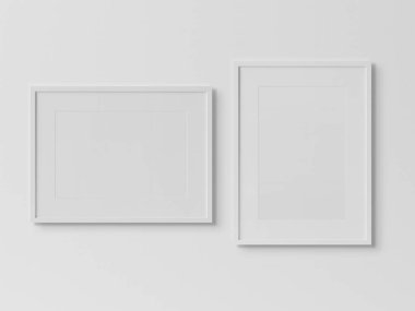 Beyaz dikdörtgen çerçeveler beyaz bir duvar mockup 3d rende asılı