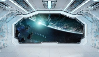 Beyaz mavi uzay gemisi fütüristik iç pencere manzaralı pla