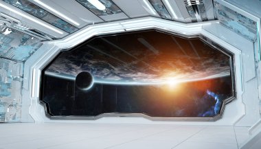 Beyaz mavi uzay gemisi fütüristik iç pencere manzaralı pla