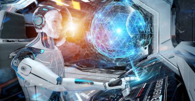 Robot bir beyaz modern uzay gemisi galibiyetle uçan bir kontrol odasında