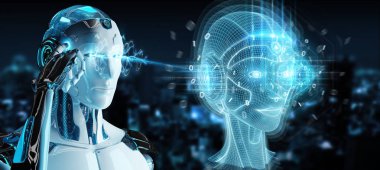 Dijital yapay zeka kafa Interfac kullanarak beyaz robot