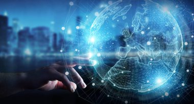 Avrupa harita küre ağ hologram 3d rend kullanarak işadamı el