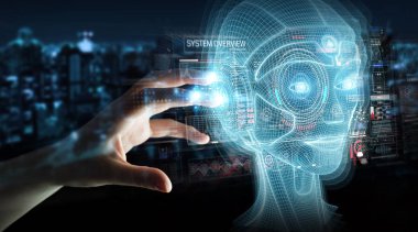 Dijital yapay zeka kafa arayüzünü kullanan işadamı