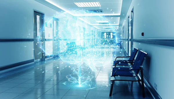 Hospital blue corridor with digital xray brain floating in dots — Stock Photo, Image