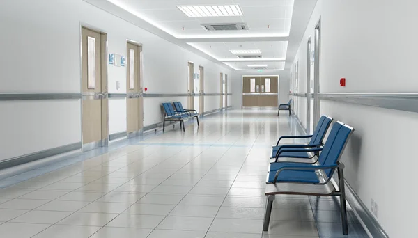 Długi Szpital jasny korytarz z pokojami i siedzeniami renderowanie 3D — Zdjęcie stockowe