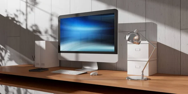 Computer and devices on modern wooden desk interior 3D rendering — Stock Photo, Image