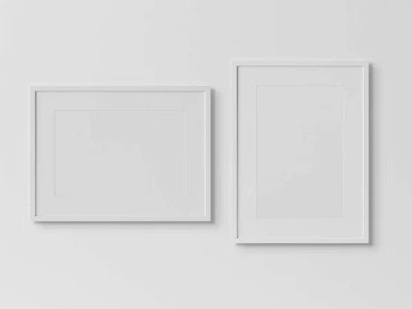 Witte rechthoekige frames hangen op een witte muur mockup 3D rende — Stockfoto
