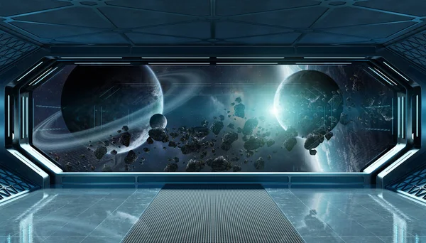 Futurystyczne wnętrza ciemny niebieski statek kosmiczny z okna widok na spac — Zdjęcie stockowe