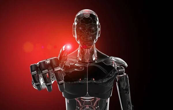 Schwarz-roter intelligenter Roboter Cyborg zeigt mit dem Finger auf dark 3 — Stockfoto