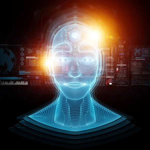 Ρομπότ cyborg άνθρωπος κεφάλι τεχνητή νοημοσύνη μάθησης 3d καθιστούν — Φωτογραφία Αρχείου
