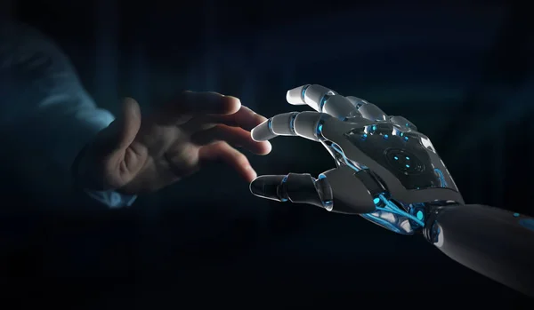 Robot hand making contact with human hand on dark background 3D — Stock Photo, Image