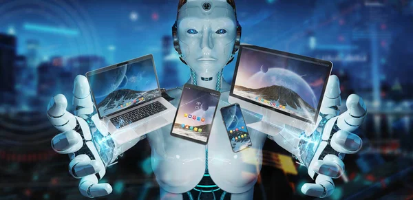 White robot connecting modern smartphone tablet laptop and compu — Stock Photo, Image