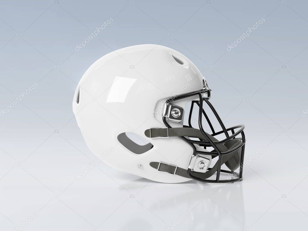 White American football helmet isolated on grey background mockup 3D rendering