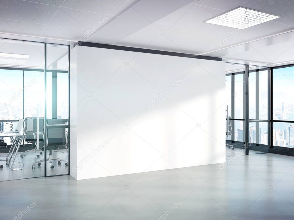 Blank white wall in bright concrete office with large windows Mockup 3D rendering