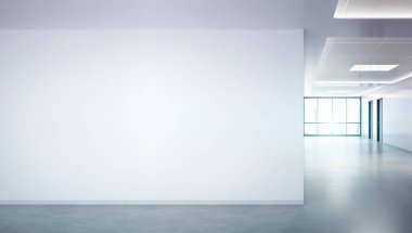 Büyük pencereler ve güneş pa ile parlak ofis mockup boş duvar