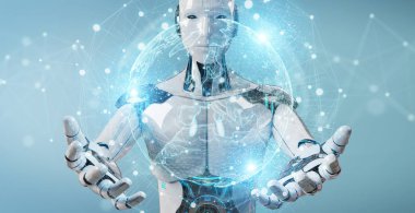 Avrupa haritası 3d rend ile küre ağ hologramı kullanarak beyaz robot