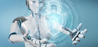 Dijital güvenlik asma kilit holog ile verileri koruyan beyaz robot