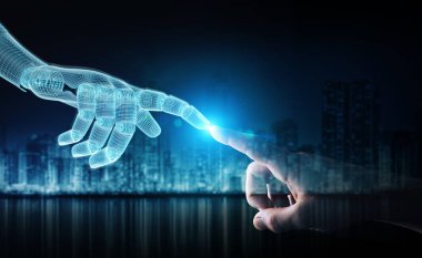 Wireframed Robot el temas karanlık 3d insan eliyle 