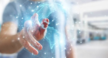 İşadamı Amerika'yı kullanarak Amerika haritası küre ağ hologram 3d rend