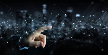 Nokta ile yüzen dijital ağ bağlantılarını kullanan işadamı