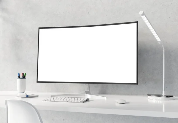 Monitor curvo su desktop bianco e mockup interno in cemento 3D — Foto Stock