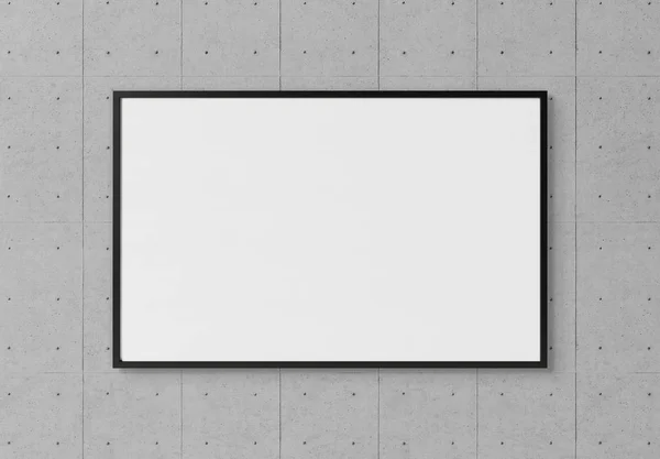 Beyaz duvar mocku üzerinde asılı siyah dikdörtgen yatay çerçeve — Stok fotoğraf