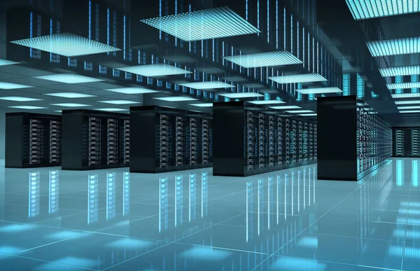 Sala centrale server bui con computer e sistemi di archiviazione 3D r — Foto Stock