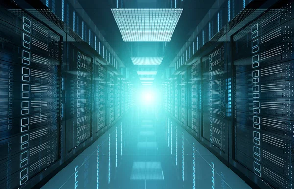 Servidores oscuros sala de centro de datos con luz halo brillante a través de la —  Fotos de Stock