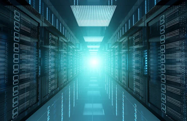 Dark servers datacenter kamer met felle Halo licht door de — Stockfoto