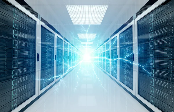 Stroom bliksem in servers datacenter ruimte opslagsysteem — Stockfoto