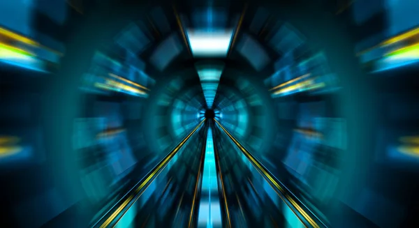 Abstrakta zoomeffekt i en blå mörk tunnel bakgrund med traff — Stockfoto