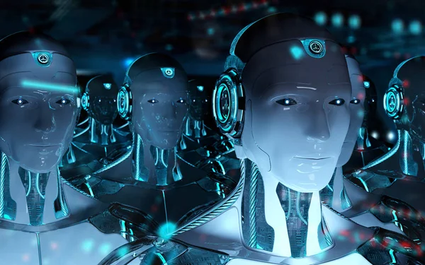 Groupe de robots masculins suivant leader cyborg armée 3d rendu — Photo