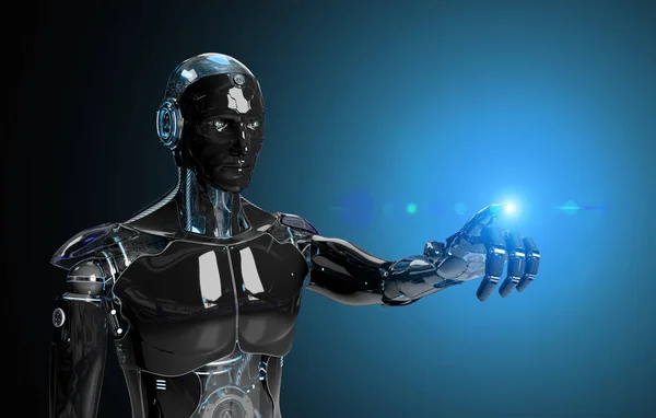 Black and blue intelligent robot cyborg pointing finger on dark