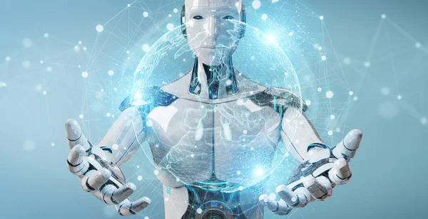 White robot using globe network hologram with Europe map 3D rend — Stock Photo, Image