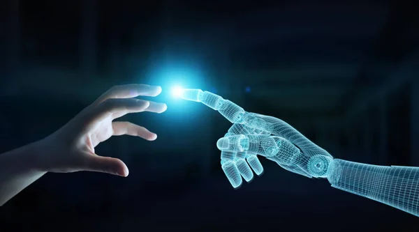 Wireframe Robot hånd som tar kontakt med menneske hånd på mørk 3D – stockfoto