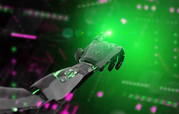 Black and green intelligent robot cyborg arm pointing finger on