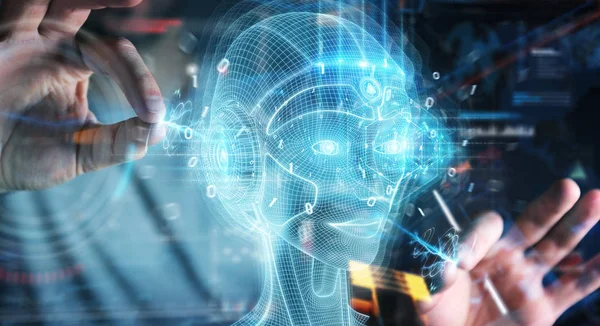 Affärsman med digital artificiell intelligens huvudgränssnitt — Stockfoto