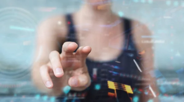 Женщина с использованием цифрового технологического интерфейса с 3D рендерингом данных — стоковое фото