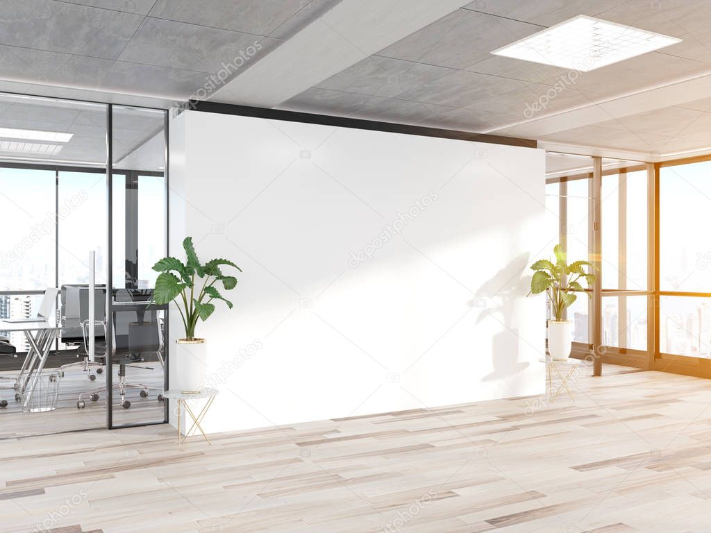 Blank white wall in bright concrete office with large windows Mockup 3D rendering