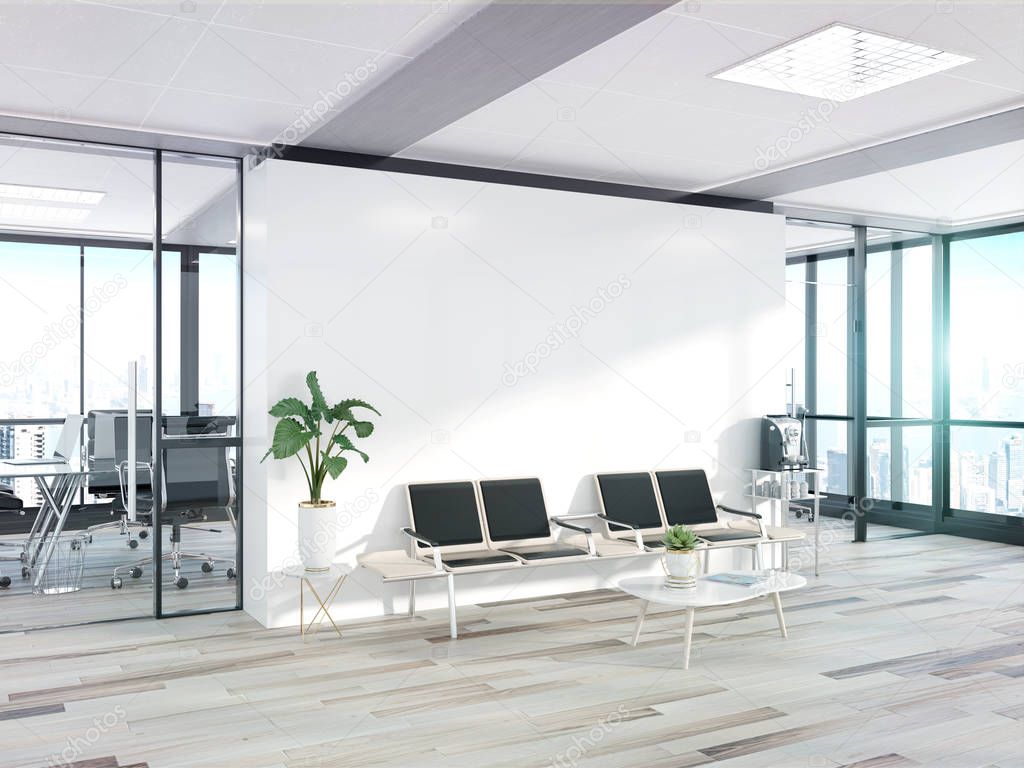 Blank white wall in bright concrete waiting room with large windows Mockup 3D rendering