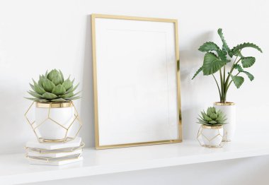 Bitki ve bitkiler ile parlak iç beyaz raf üzerinde eğilme çerçeve