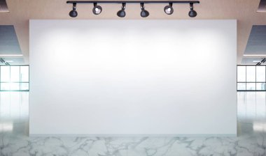 Mermer ve ahşap ofis mockup büyük pencereler ile boş duvar