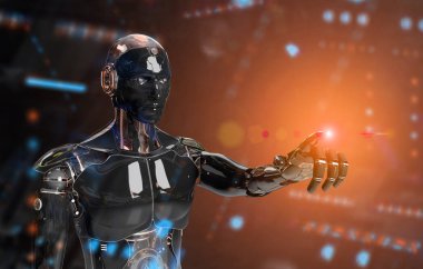 Siyah ve turuncu akıllı robot cyborg dar üzerinde parmak işaret