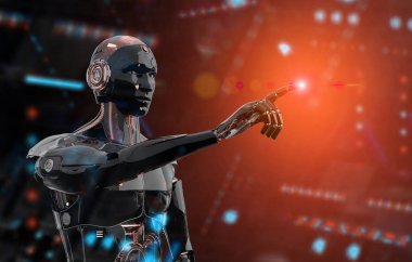 Siyah ve turuncu akıllı robot cyborg dar üzerinde parmak işaret