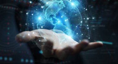 Amerika ABD harita dünya ağ hologram 3D kullanarak işadamı el
