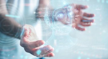 Dijital yapay zeka kafa arayüzünü kullanan işadamı