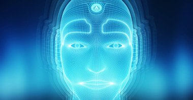 Robot adam cyborg yüz yapay zeka temsil eden 3d 