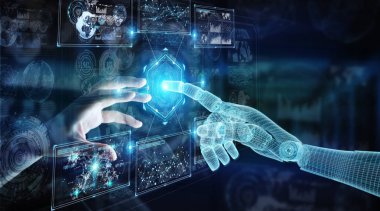 Wireframed robot ve insan el dijital dokunmadan Inte grafik